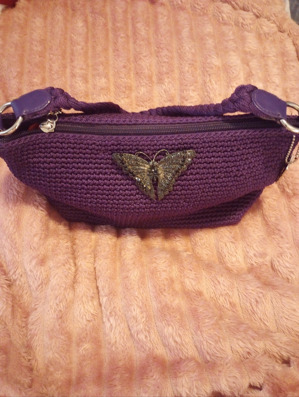 Purple Crochet Butterfly Accent Shoulder Bag